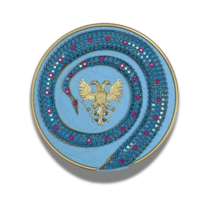 2020 Germania Fafnir Set Pink Blue Crystals – 2 x 1 oz Silver Coins with pink and blue crystal accents.