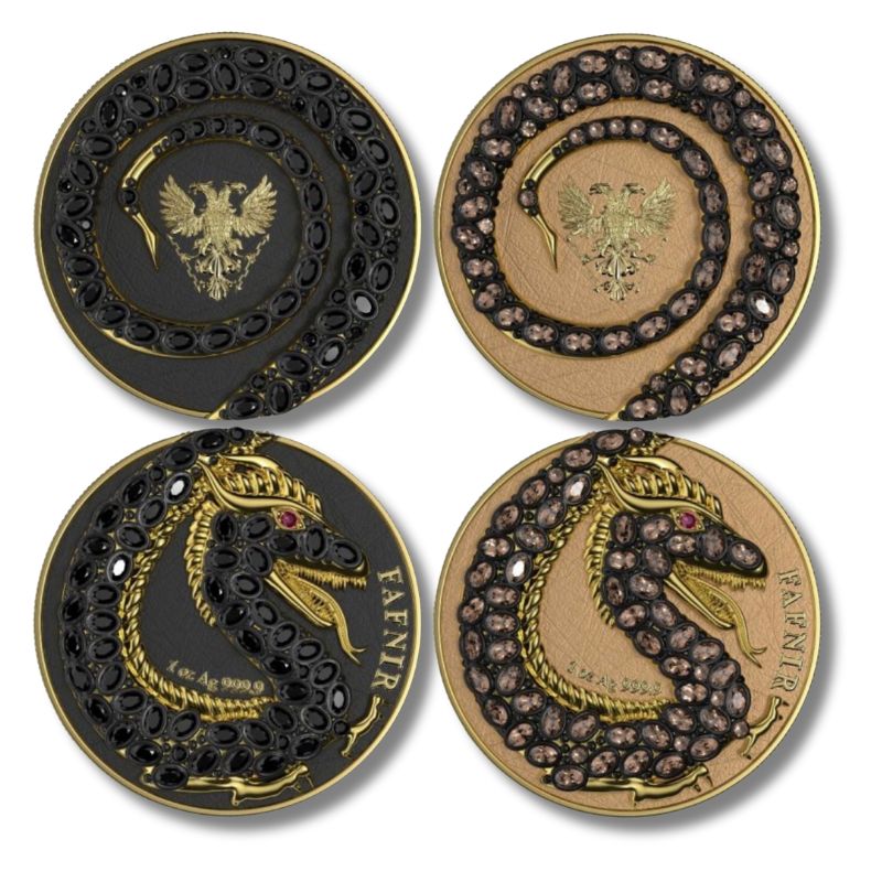 2020 Germania Fafnir Set №2 Carapace - 2 x 1 oz Silver Coins featuring detailed dragon carapace designs.