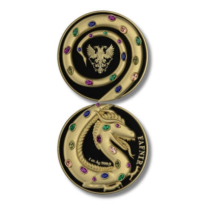 2020 Germania Fafnir Set – Black Gloss and Gold Matt – Two 1 oz Silver Coins with double-sided dragon designs.