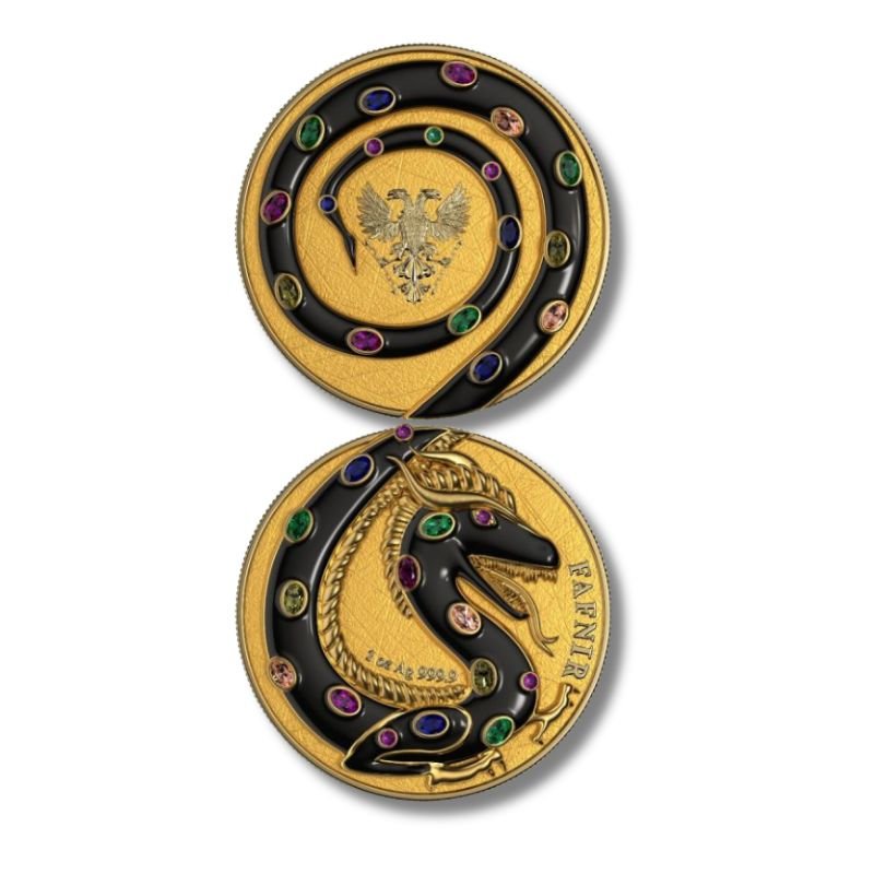 2020 Germania Fafnir Set – Black Gloss and Gold Matt – Two 1 oz Silver Coins with double-sided dragon designs.