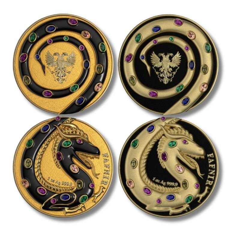 2020 Germania Fafnir Set – Black Gloss and Gold Matt – Two 1 oz Silver Coins with double-sided dragon designs.