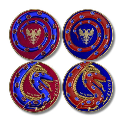 2020 Germania Fafnir Set – Blue and Red – Two 1 oz Silver Coins with double-sided dragon designs.