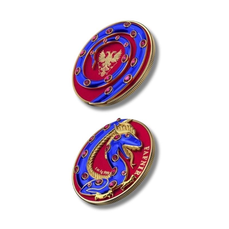 2020 Germania Fafnir Set – Blue and Red – Two 1 oz Silver Coins with double-sided dragon designs.