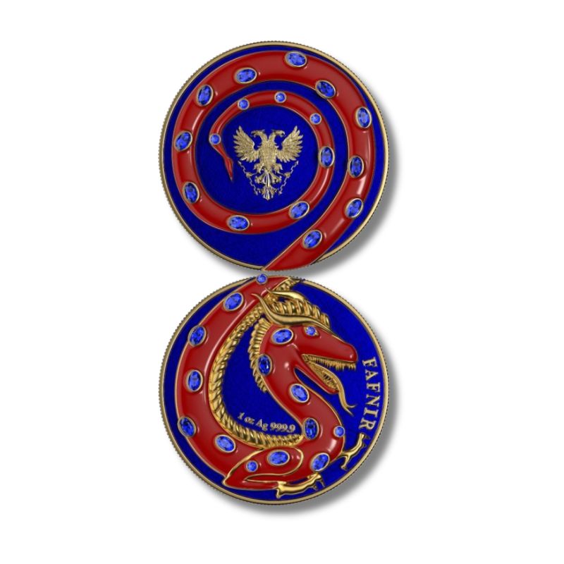 2020 Germania Fafnir Set – Blue and Red – Two 1 oz Silver Coins with double-sided dragon designs.