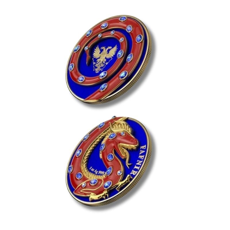 2020 Germania Fafnir Set – Blue and Red – Two 1 oz Silver Coins with double-sided dragon designs.