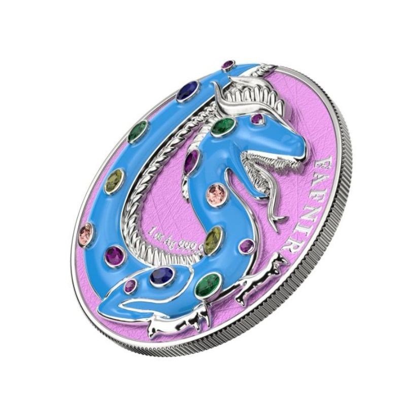 2020 Germania Fafnir Set – Perla White and Turquoise – Two 1 oz Silver Coins with double-sided dragon designs.