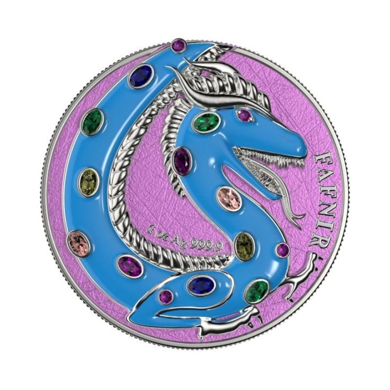 2020 Germania Fafnir Set – Perla White and Turquoise – Two 1 oz Silver Coins with double-sided dragon designs.