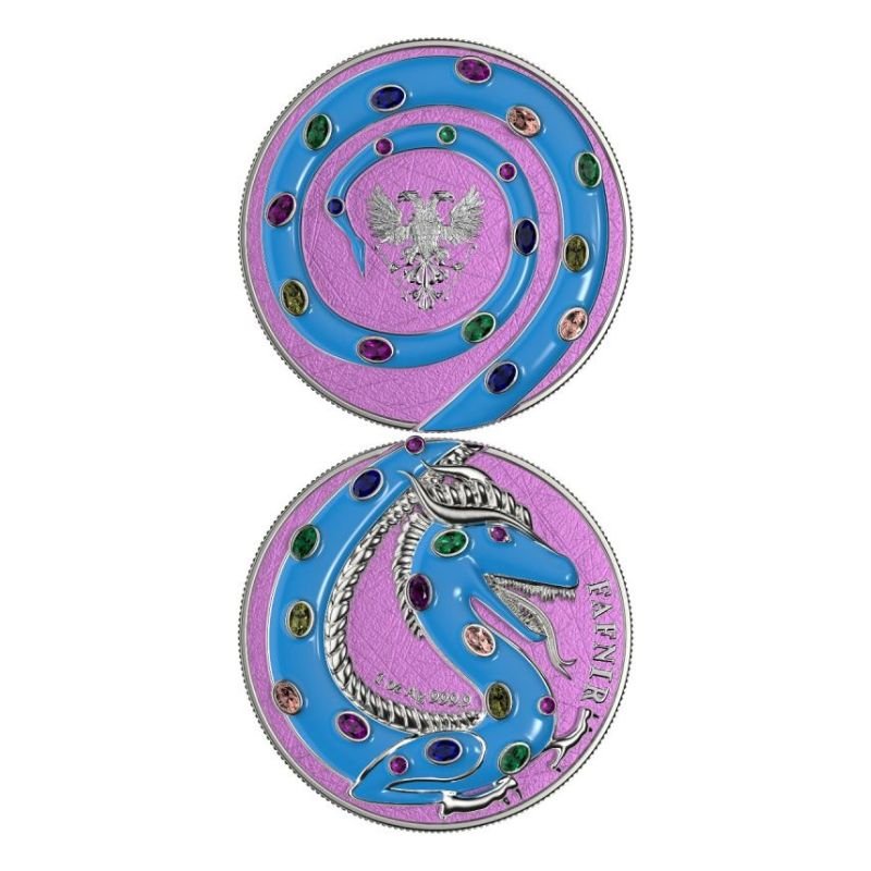 2020 Germania Fafnir Set – Perla White and Turquoise – Two 1 oz Silver Coins with double-sided dragon designs.