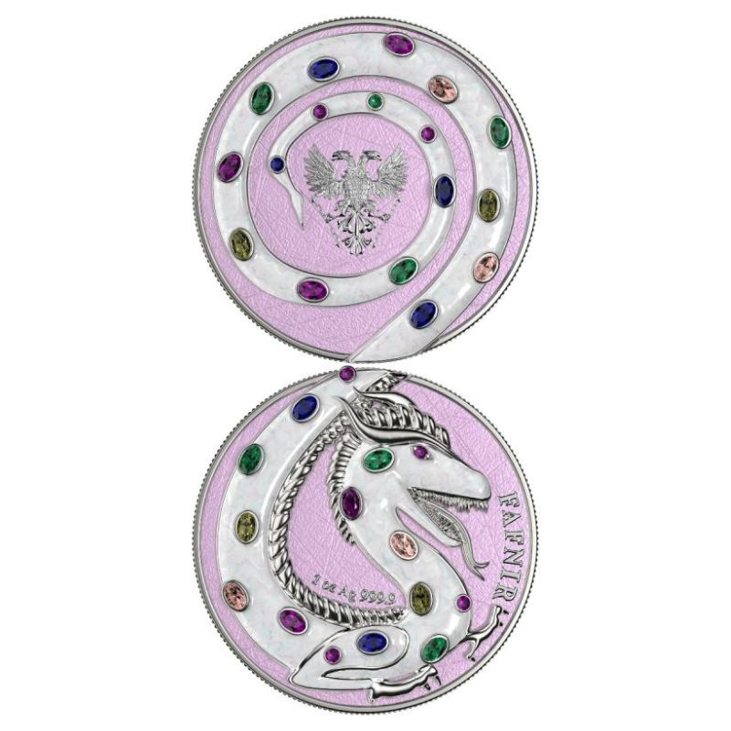 2020 Germania Fafnir Set – Perla White and Turquoise – Two 1 oz Silver Coins with double-sided dragon designs.