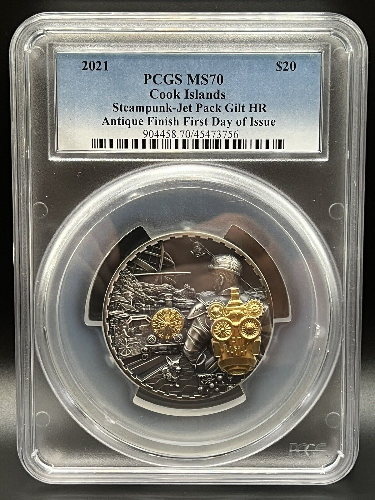 2021 Cook Islands Steampunk - Jet Pack 3oz Gilt HR Antique Silver FDI PCGS MS70 Captain’s Chest Bullion