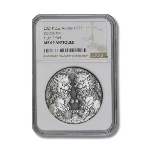 2021 Australia Double Pixiu Antiqued 2oz Silver Coin NGC MS 69