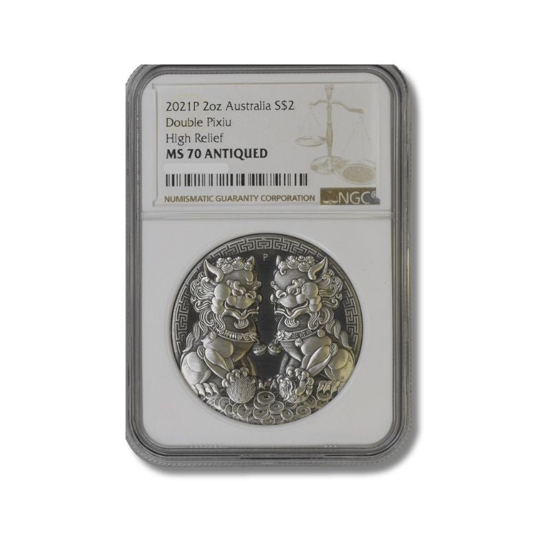 2021 Australia Double Pixiu Antiqued 2oz Silver Coin NGC MS 70