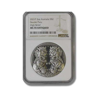 2021 Australia Double Pixiu Antiqued 2oz Silver Coin NGC MS 70