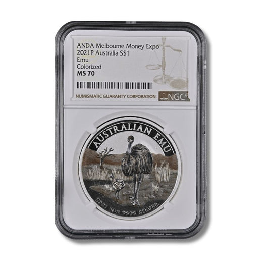 2021 Australia Emu Melbourne ANDA Show 1oz Silver Coin NGC MS 70