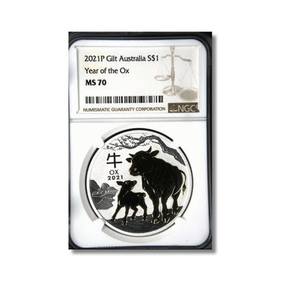 2021 Australia Lunar Year of the Ox Gilded 1oz Silver Coin NGC MS 70