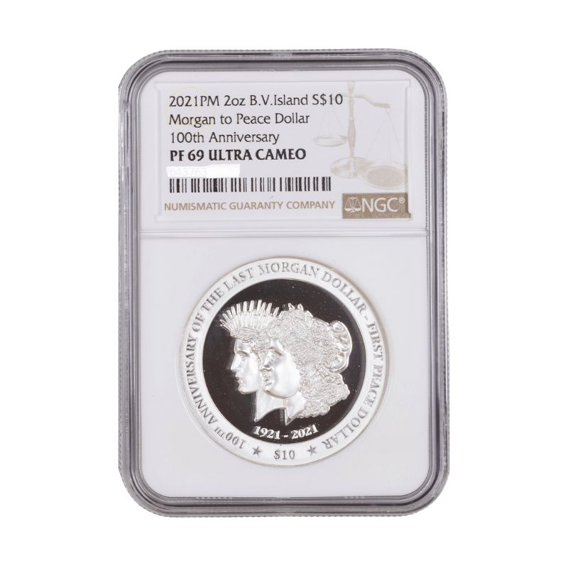 2021 BVI 100th Ann. Last Morgan & First Peace Dollar 2oz Silver Coin NGC PF 69 UCAM