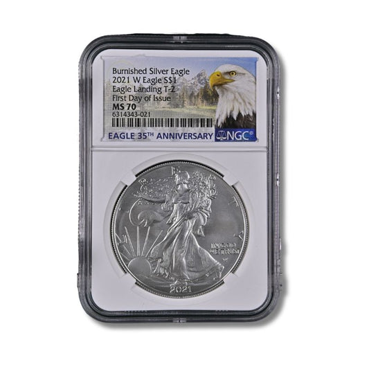 2021 Burnished Silver Eagle W Eagle Landing T2 1st Day of Issue MS70