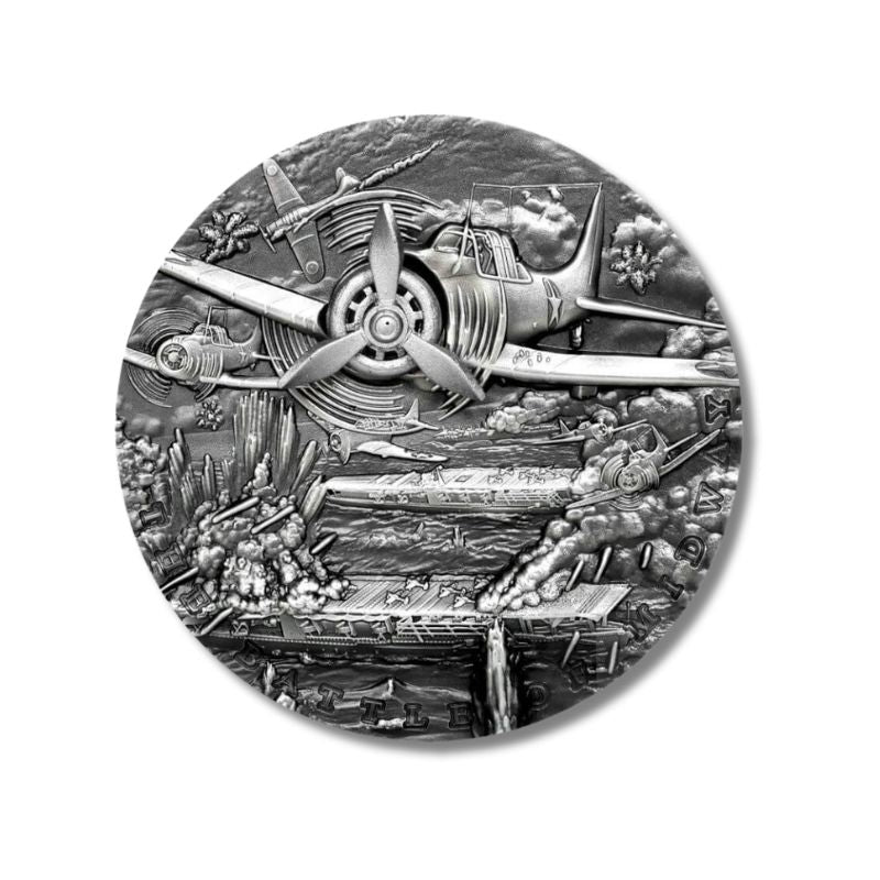 2021 Niue Sea Battles The Battle of Midway 2oz Silver Antiqued High Relief Coin