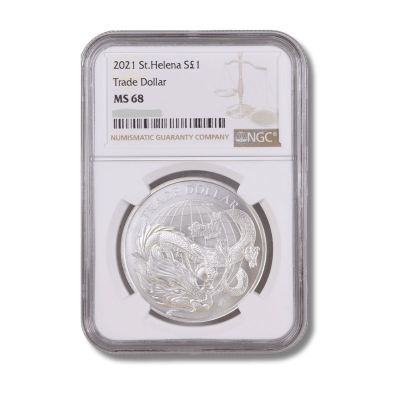 2021 St. Helena Modern Chinese Trade Dollar 1oz Silver BU Coin NGC MS 68