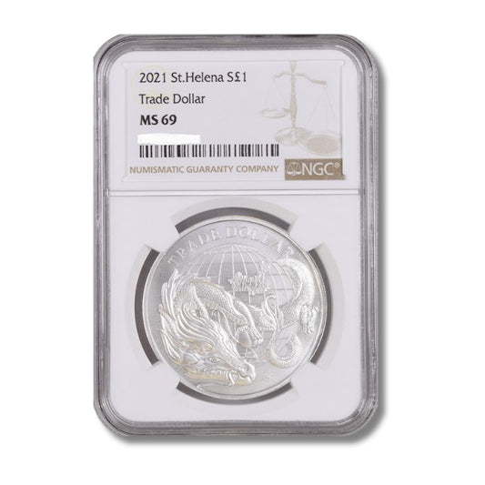 2021 St. Helena Modern Chinese Trade Dollar 1oz Silver BU Coin NGC MS 69