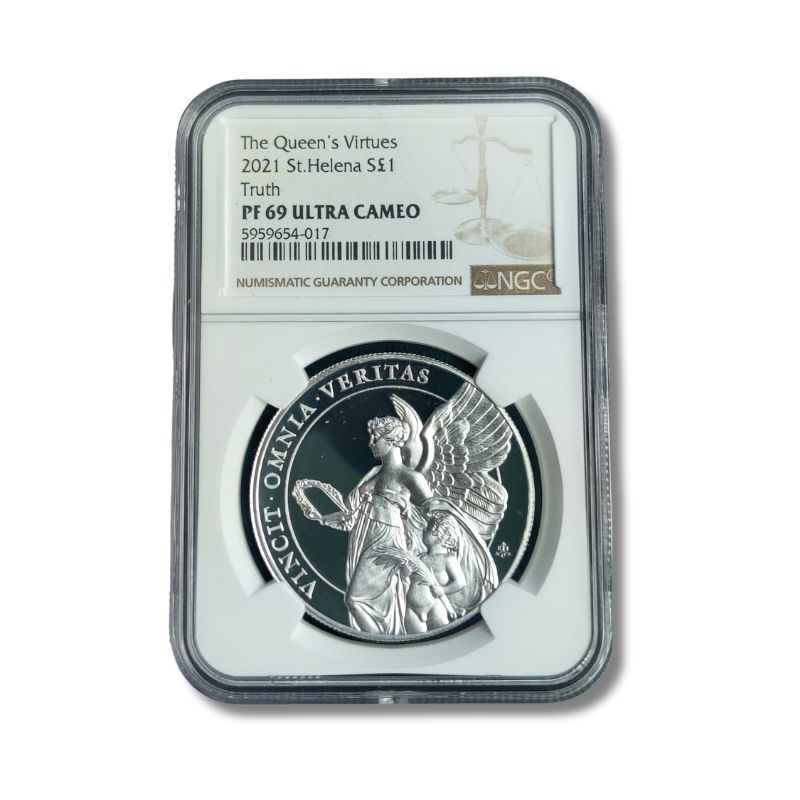 2021 St. Helena Queen’s Virtues Truth 1oz Silver Coin NGC PF 69