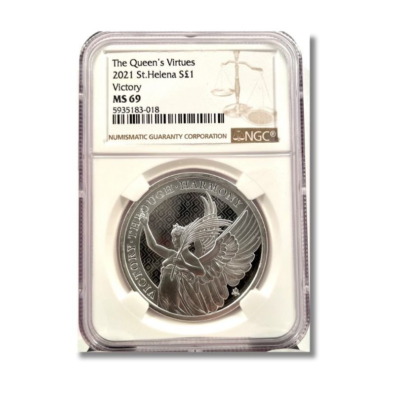 2021 St. Helena Queen’s Virtues Victory 1 oz Silver Coin NGC MS 69