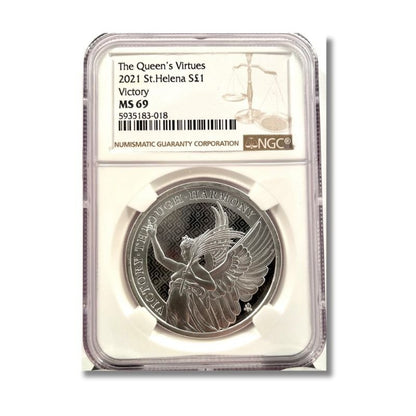 2021 St. Helena Queen’s Virtues Victory 1 oz Silver Coin NGC MS 69