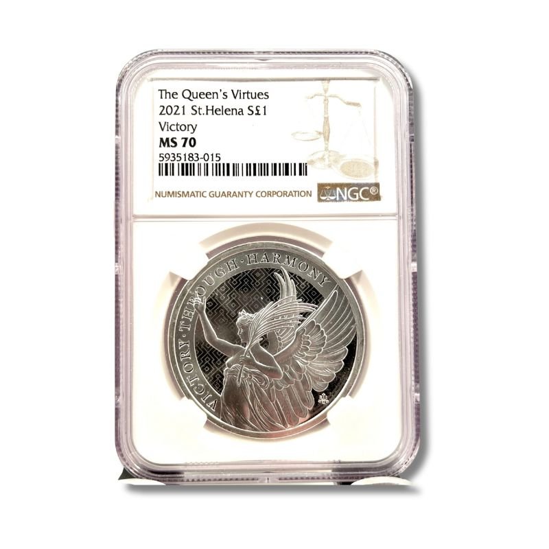 2021 St. Helena Queen’s Virtues Victory 1 oz Silver Coin NGC MS 70