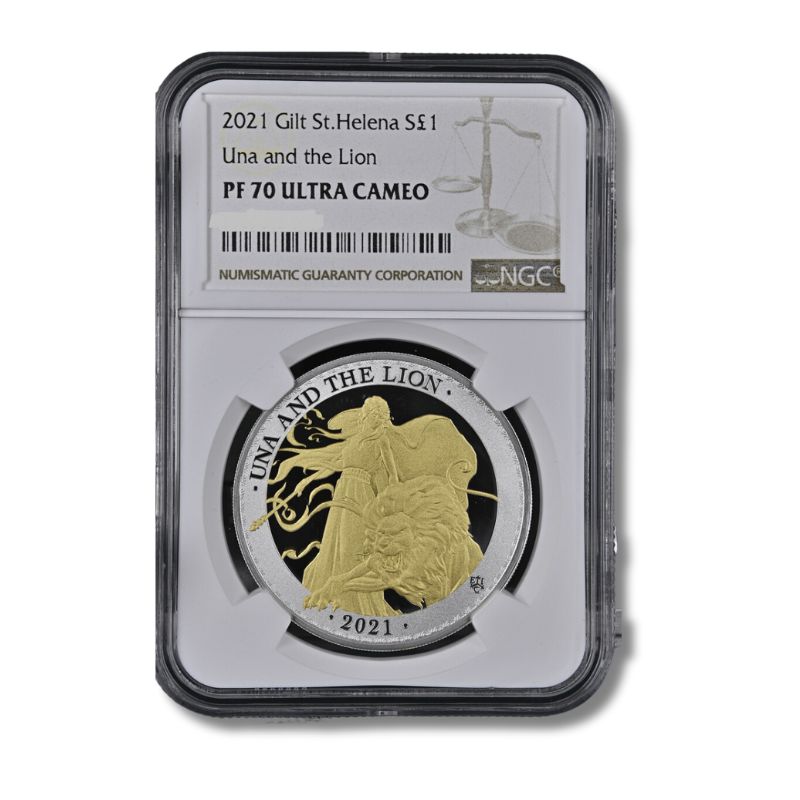 2021 St. Helena Una & The Lion 1oz Silver Gilded Coin NGC PF 70 UCAM