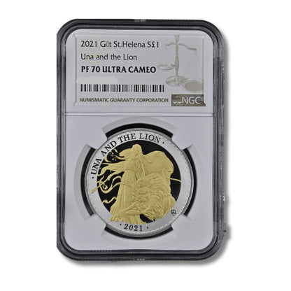 2021 St. Helena Una & The Lion 1oz Silver Gilded Coin NGC PF 70 UCAM