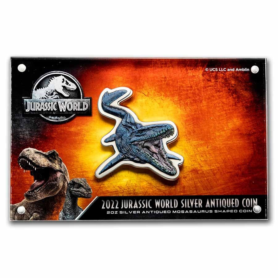 2022 Niue 2 oz Silver $5 Jurassic World Mosasaurus Shaped Coin Captain’s Chest Bullion