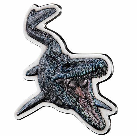 2022 Niue 2 oz Silver $5 Jurassic World Mosasaurus Shaped Coin Captain’s Chest Bullion