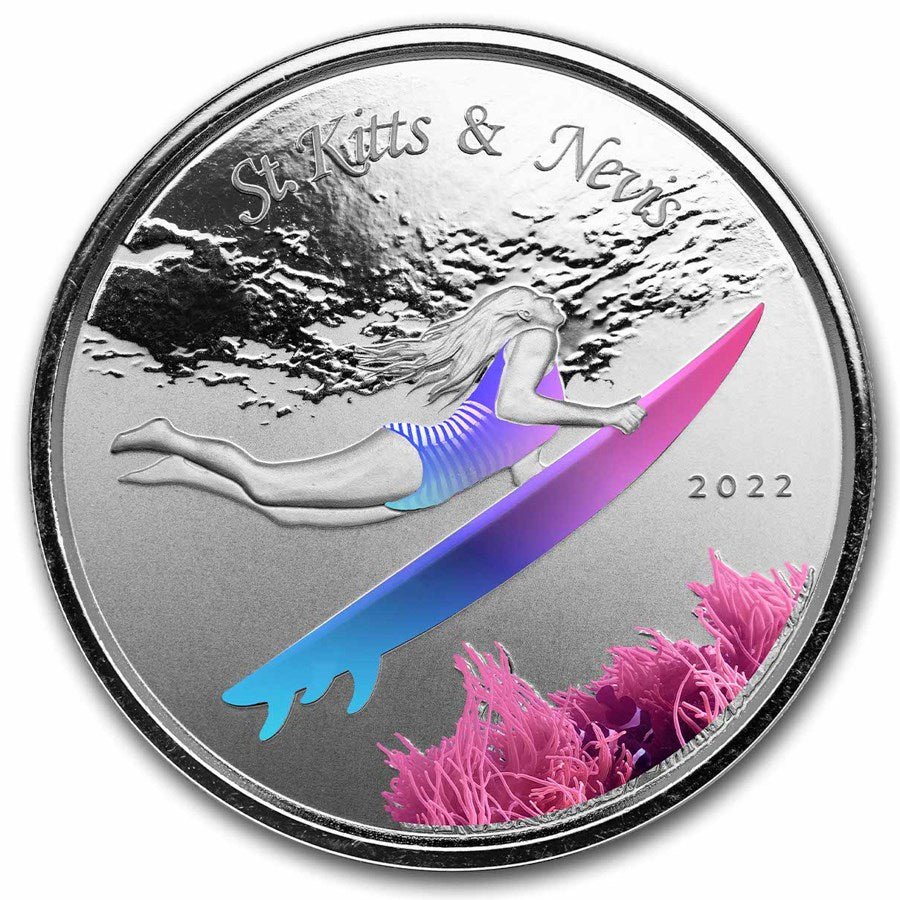 2022 St. Kitts and Nevis 1 oz Silver Surfer Proof (Color) Captain’s Chest Bullion