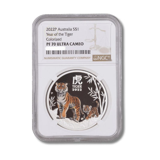 2022 Australian Lunar Year of the Tiger 1oz Silver Colored Coin NGC PF 70 UCAM