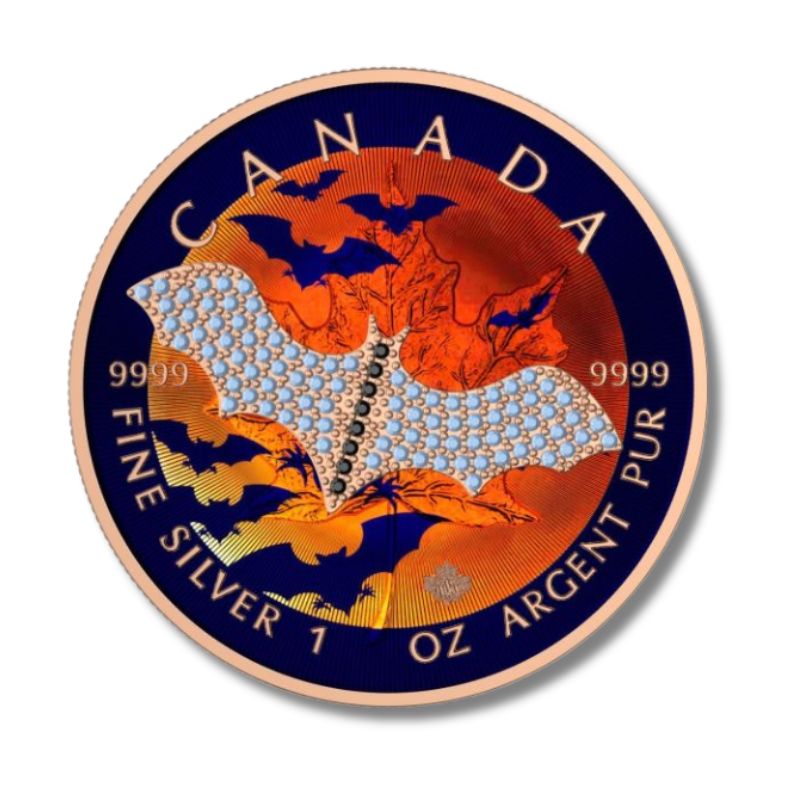 2022 Canada Silver Coin Bat $5 Blue Maple Leaf Bejeweled with intricate blue design