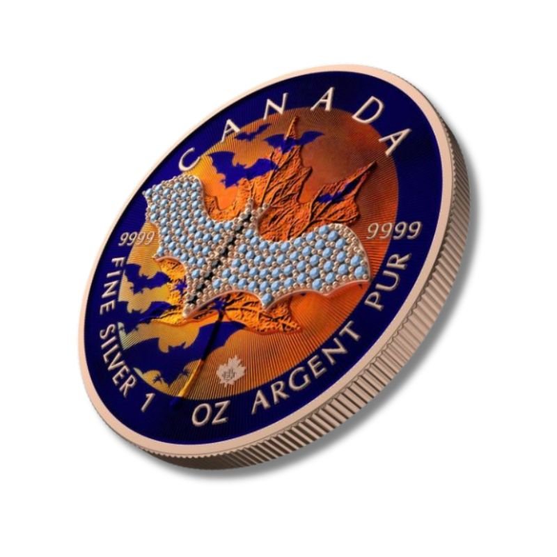 2022 Canada Silver Coin Bat $5 Blue Maple Leaf Bejeweled with intricate blue design