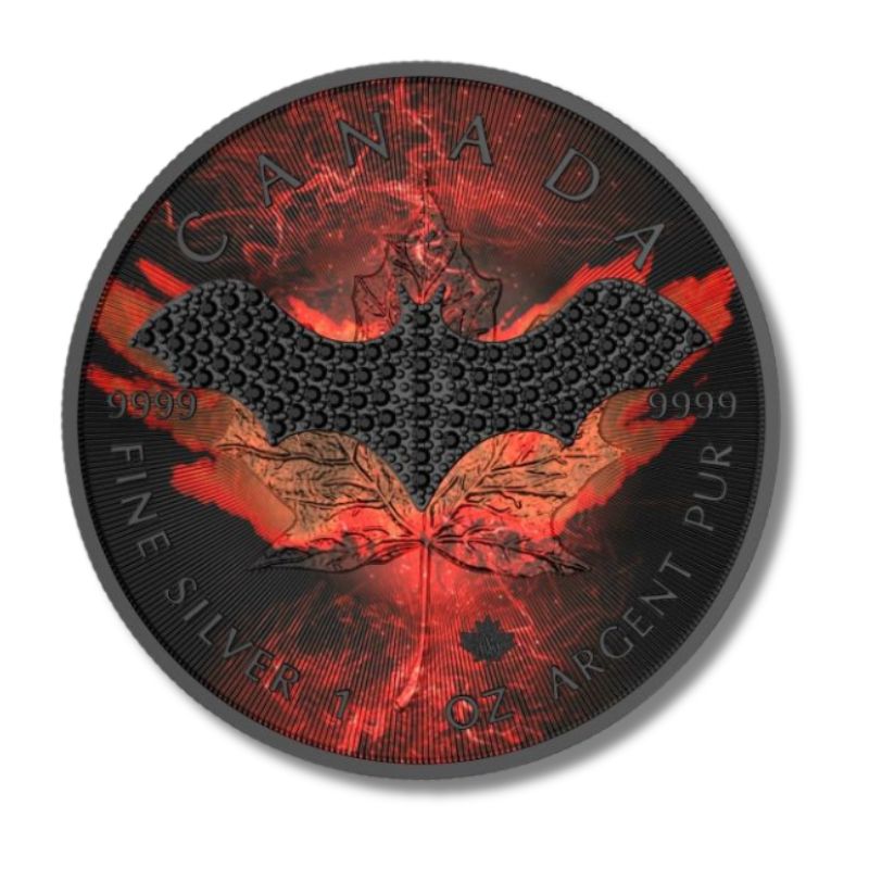 2022 Canada $5 Black Bat 1 oz Silver Coin featuring a striking bat design against a maple leaf backdrop.