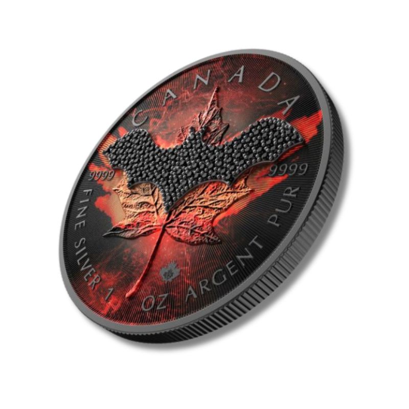 2022 Canada $5 Black Bat 1 oz Silver Coin featuring a striking bat design against a maple leaf backdrop.