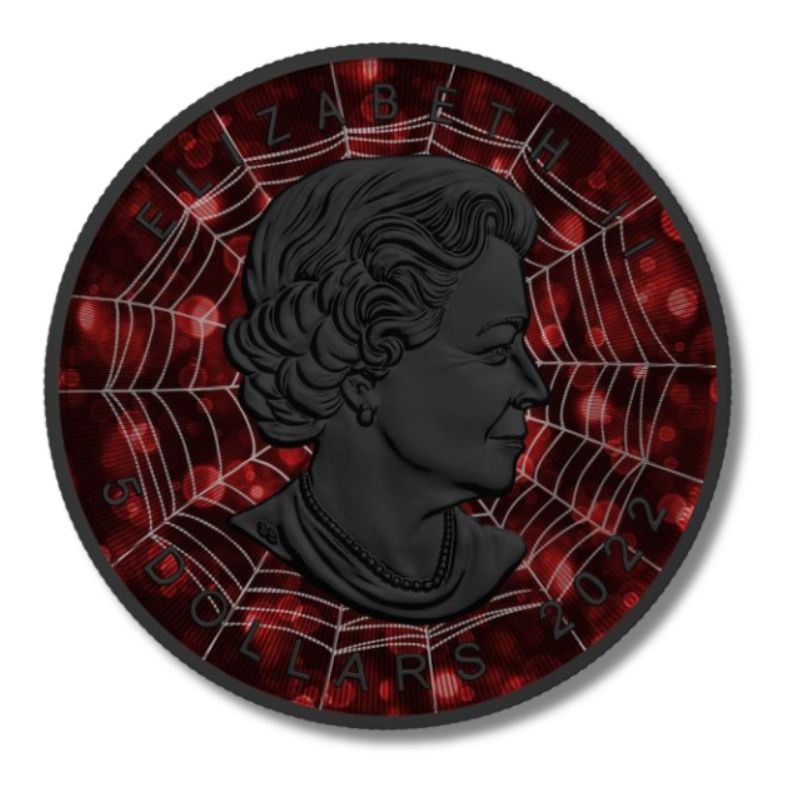  2022 Canada $5 Maple Leaf "Red Black Spider" 1 oz Silver Coin with a spider design in red and black.