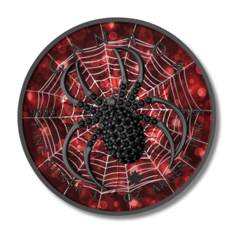  2022 Canada $5 Maple Leaf "Red Black Spider" 1 oz Silver Coin with a spider design in red and black.