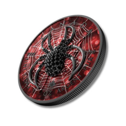  2022 Canada $5 Maple Leaf "Red Black Spider" 1 oz Silver Coin with a spider design in red and black.