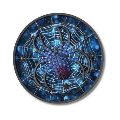 2022 Canada $5 Maple Leaf Red Blue Spider 1 oz Silver Coin with a vivid red and blue spider design.