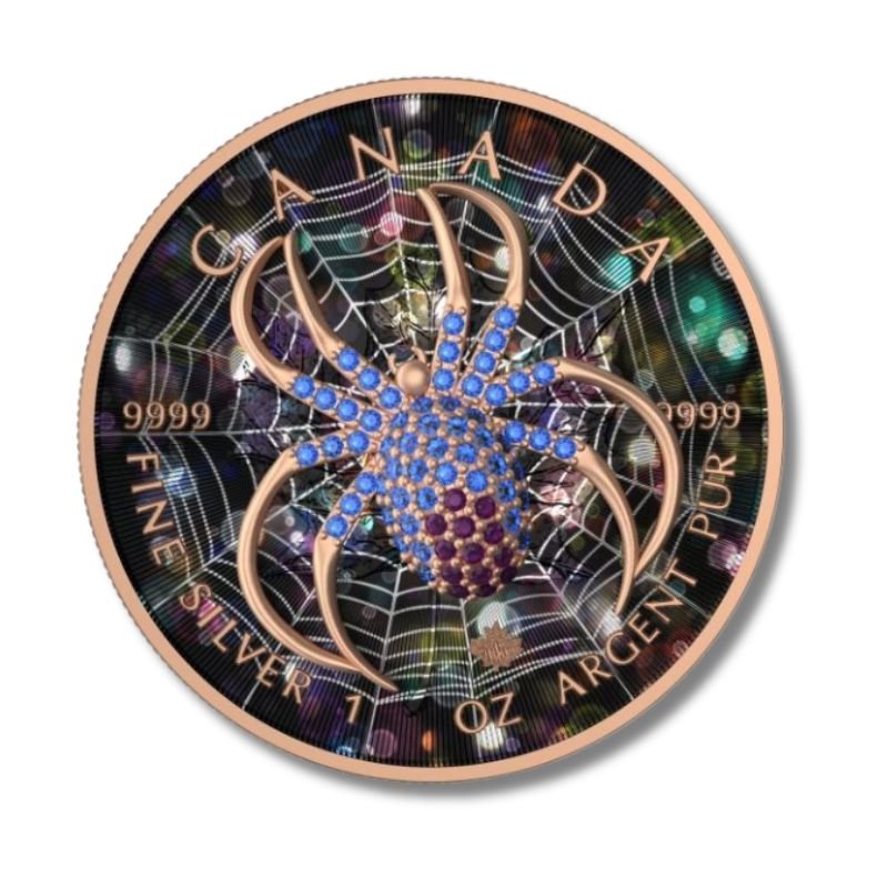 2022 Canada $5 Maple Leaf "Red Gold Spider" 1 oz Silver Coin with a spider design highlighted in red and gold.