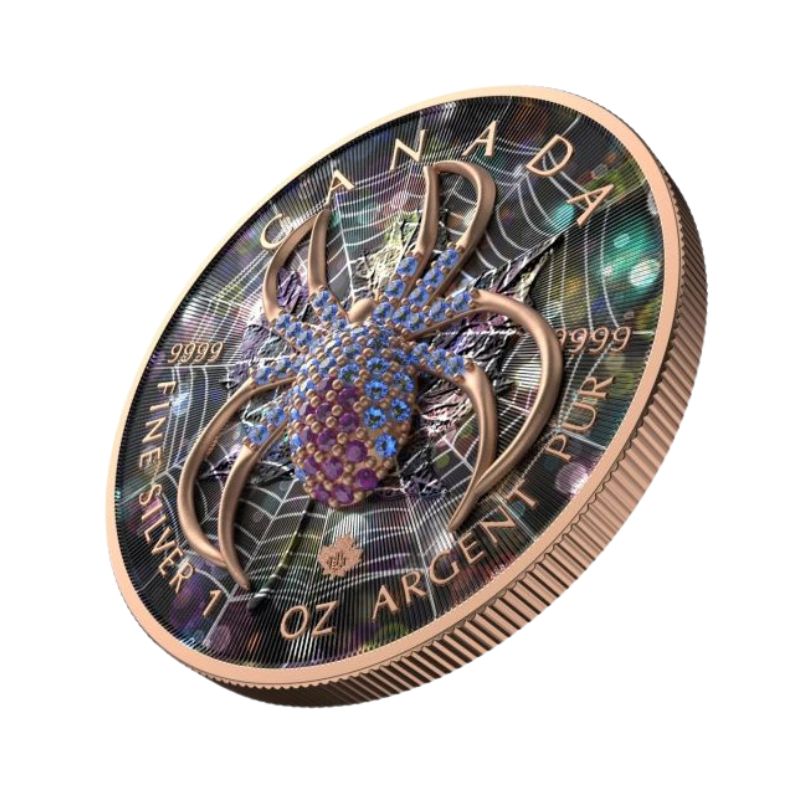 2022 Canada $5 Maple Leaf "Red Gold Spider" 1 oz Silver Coin with a spider design highlighted in red and gold.