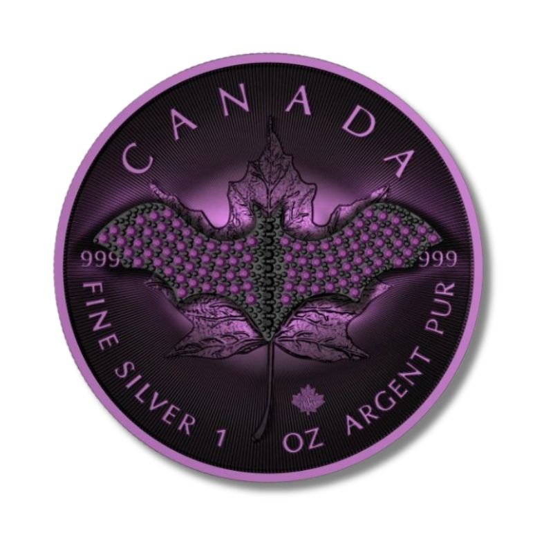 2022 Canada $5 Maple Leaf Violet Bat 1 oz Silver Coin with a detailed violet bat design.