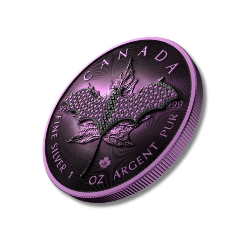 2022 Canada $5 Maple Leaf Violet Bat 1 oz Silver Coin with a detailed violet bat design.