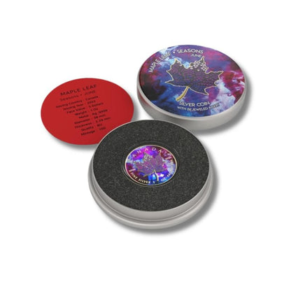 2022 Canadian Maple Leaf Bejeweled Leaf Seasons June Edition coin featuring Swarovski crystals.