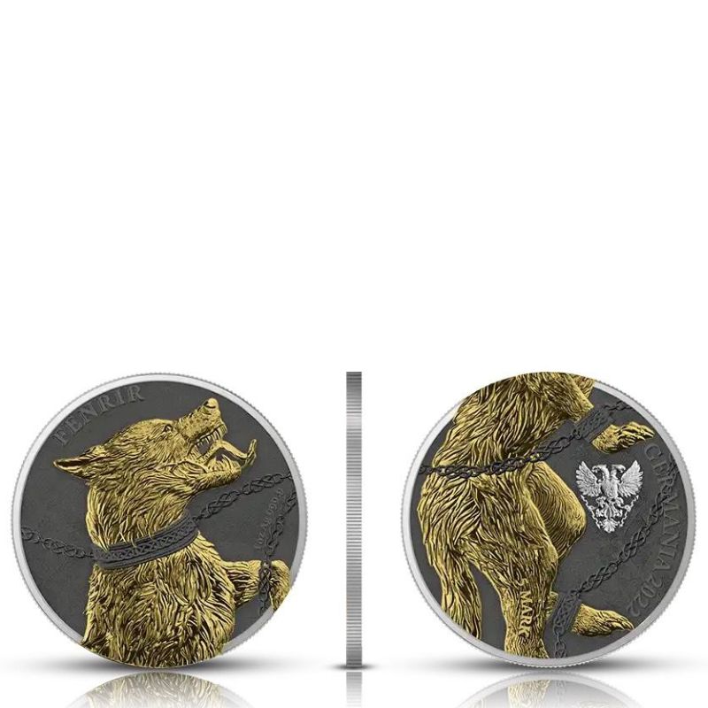 2022 Germania Beasts Fenrir Geminus Two Piece Set, showing two 1 oz .9999 silver rounds with detailed designs of Fenrir and unique packaging.