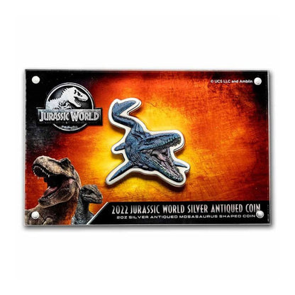 2022 Niue 2 oz Silver Jurassic World Mosasaurus Shaped Coin with an antiqued finish and special packaging.