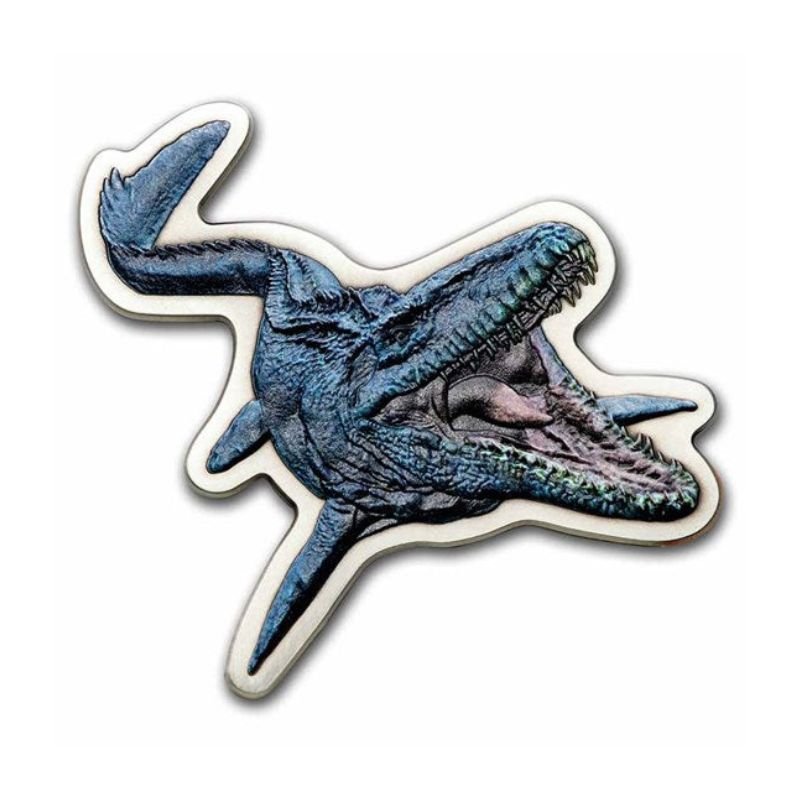 2022 Niue 2 oz Silver Jurassic World Mosasaurus Shaped Coin with an antiqued finish and special packaging.